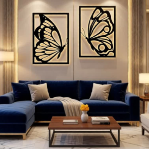 Set of 2 butterfly metal wall art panels Precision CNC laser cut detailing Premium-grade steel construction Warm LED backlight for elegant glow Matte black powder-coated finish Modern framed design for luxury interiors Energy-efficient LED lighting Easy wall installation Durable, rust-resistant & long-lasting Custom size, frame & lighting options available