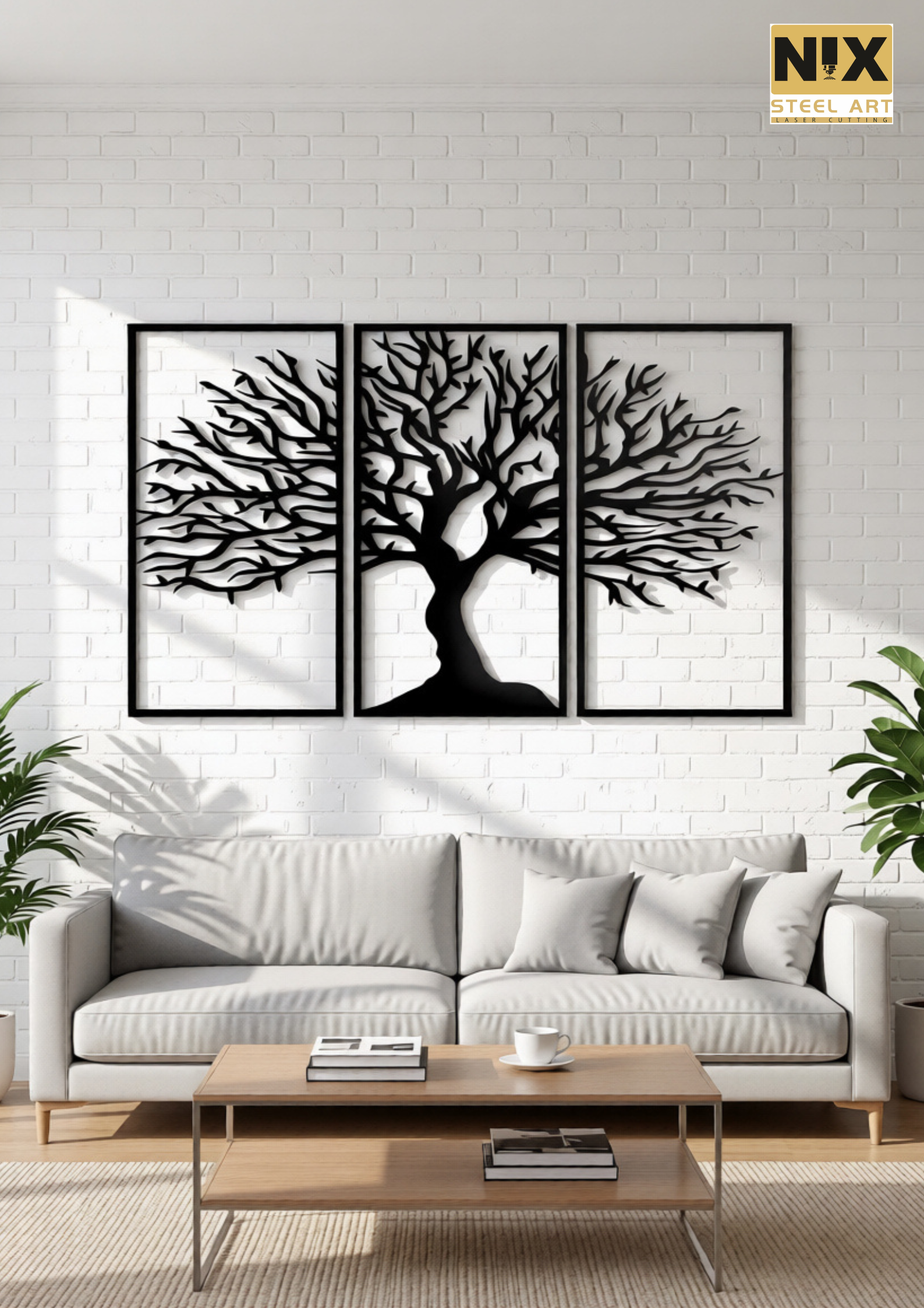 Set of 3 CNC laser cut metal wall panels Elegant Tree of Life design across three frames Premium heavy-duty steel construction Precision CNC cutting for sharp detailing Matte black powder-coated finish Rust-resistant & long-lasting durability Modern framed panel design Easy wall mounting system Suitable for residential & commercial interiors Custom sizes and colors available