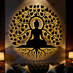 SPIRITUAL DESIGN – Features a serene Buddha in meditation with the Tree of Life, symbolizing peace, balance, and positive energy for your home or workspace. PREMIUM METAL – Made from high-quality, rust-resistant metal using CNC laser cutting for precise details and long-lasting durability. LED BACKLIGHT – Warm LED lighting creates a soft, calming glow that enhances ambiance and highlights the artwork beautifully at night. MODERN DECOR – Perfect for living rooms, bedrooms, meditation rooms, yoga studios, offices, and spiritual spaces with modern interiors. EASY INSTALLATION – Lightweight yet sturdy construction allows for quick and secure wall mounting without complex tools. VERSATILE GIFT – A meaningful gift choice for housewarming, Diwali, weddings, anniversaries, or spiritual celebrations. LOW MAINTENANCE – Durable finish requires minimal cleaning and retains its elegant look for years without fading or damage.