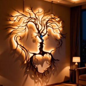 Artistic Tree of Life with human face silhouette design Precision CNC laser cut metal craftsmanship Premium heavy-duty steel construction Warm LED backlighting with soft halo glow Elegant matte black powder-coated finish Symbolic design representing life, balance & connection Energy-efficient LED lighting Easy wall-mount installation Rust-resistant & long-lasting durability