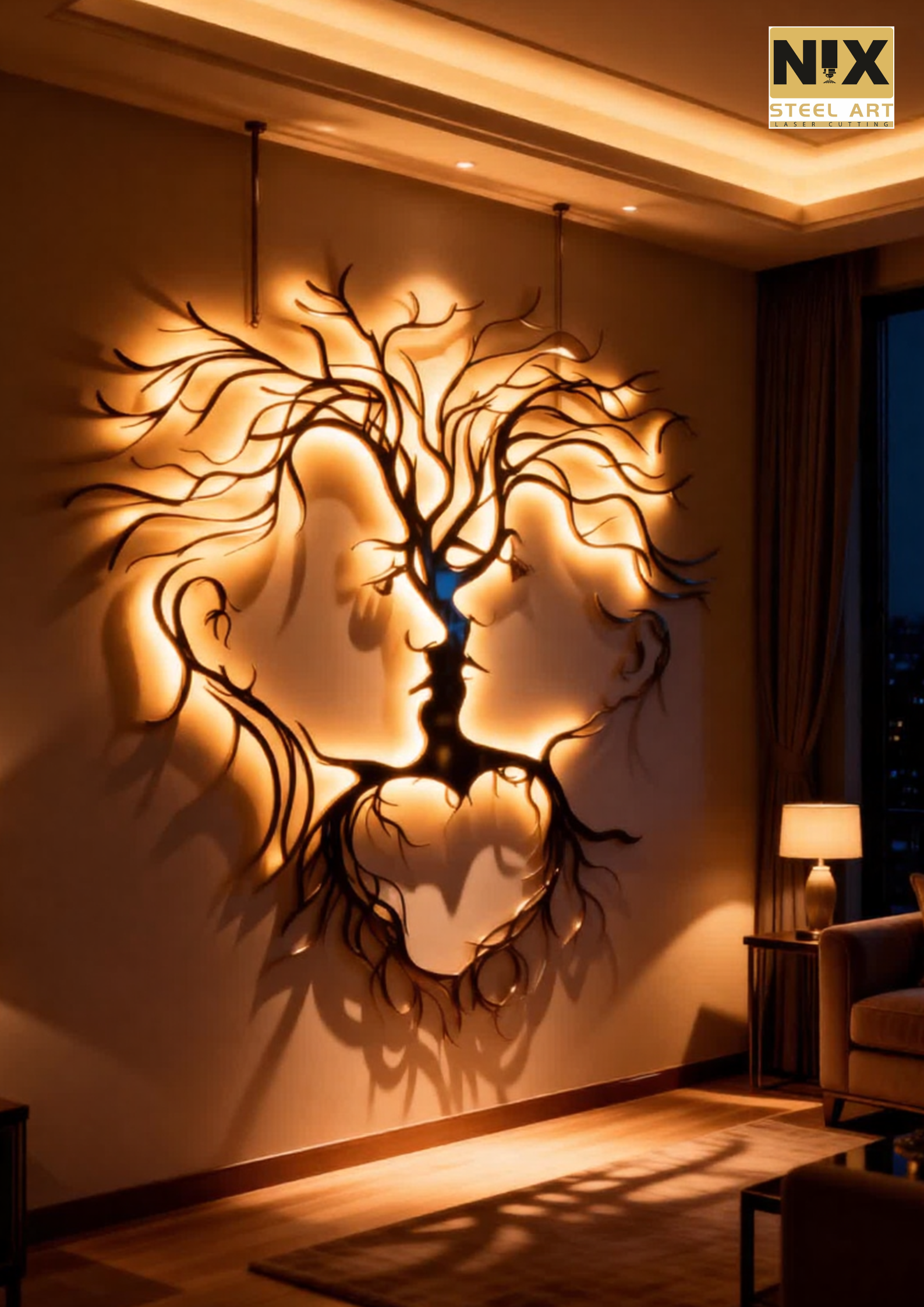Artistic Tree of Life with human face silhouette design Precision CNC laser cut metal craftsmanship Premium heavy-duty steel construction Warm LED backlighting with soft halo glow Elegant matte black powder-coated finish Symbolic design representing life, balance & connection Energy-efficient LED lighting Easy wall-mount installation Rust-resistant & long-lasting durability