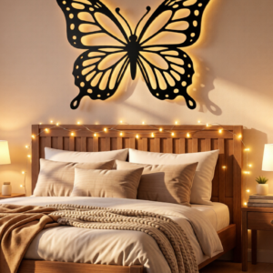 Precision CNC laser cut butterfly design Premium-quality steel construction Warm LED backlight for soft ambient glow Rust-resistant powder-coated finish Modern, elegant & artistic look Energy-efficient LED lighting Easy wall mounting system Perfect for bedroom, living room & luxury interiors Custom sizes and colors available
