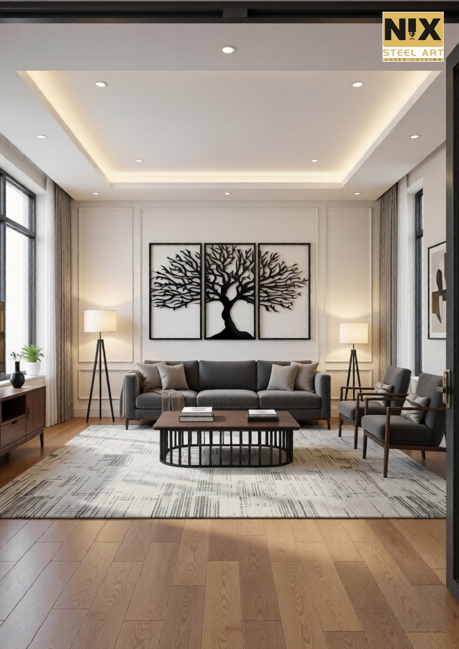 Set of 3 CNC laser cut metal wall panels Elegant Tree of Life design across three frames Premium heavy-duty steel construction Precision CNC cutting for sharp detailing Matte black powder-coated finish Rust-resistant & long-lasting durability Modern framed panel design Easy wall mounting system Suitable for residential & commercial interiors Custom sizes and colors available