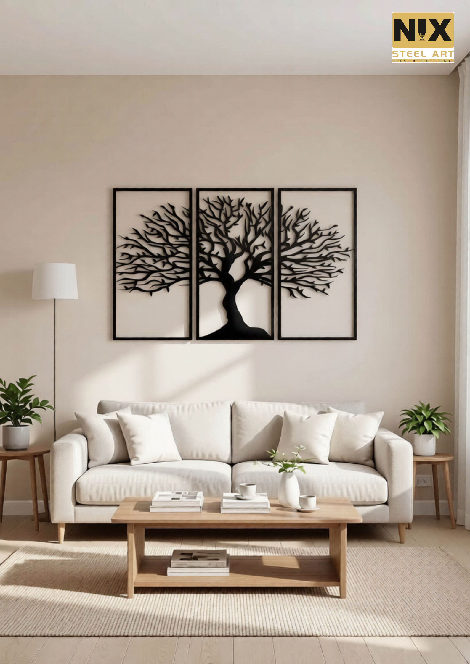 Set of 3 CNC laser cut metal wall panels Elegant Tree of Life design across three frames Premium heavy-duty steel construction Precision CNC cutting for sharp detailing Matte black powder-coated finish Rust-resistant & long-lasting durability Modern framed panel design Easy wall mounting system Suitable for residential & commercial interiors Custom sizes and colors available