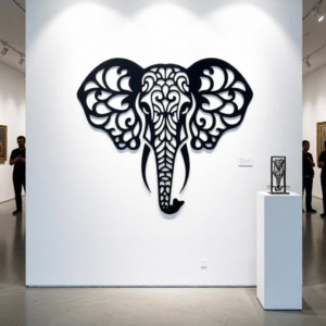 CNC laser cut metal wall art Artistic elephant face silhouette design Premium heavy-duty steel construction Precision-cut intricate detailing Matte black powder-coated finish Rust-resistant & long-lasting Strong visual impact for feature walls Easy wall-mount installation Suitable for indoor & covered outdoor areas Custom sizes and finishes available