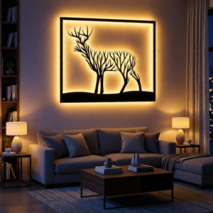 CNC laser cut metal wall art with LED backlight Elegant deer & forest silhouette design Premium heavy-duty steel construction Warm ambient LED backlighting Matte black powder-coated finish Energy-efficient, long-lasting LED lights Creates a soft halo lighting effect Modern framed design Easy wall-mount installation Ideal for luxury interiors Custom sizes, designs & light colors available