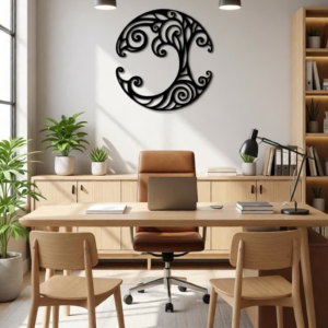 Precision CNC laser-cut metal design Artistic circular Tree of Life concept Premium heavy-duty steel material Elegant matte black powder-coated finish Smooth curves with intricate detailing Rust-resistant & long-lasting durability Easy wall mounting system Lightweight yet strong construction Suitable for modern & minimal interiors Custom sizes and colors available