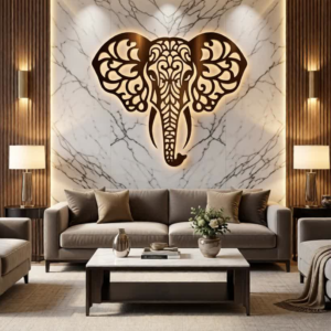 Premium CNC laser-cut metal artwork Elegant elephant motif symbolizing power & prosperity Integrated warm backlit LED illumination Heavy-gauge steel construction Luxury gold / bronze powder-coated finish Rust-resistant & long-lasting durability Soft ambient lighting for premium interiors Easy wall-mount installation Low-power, energy-efficient LED system Custom sizes, colors & lighting options available