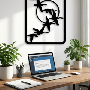 Add a sense of freedom, movement, and modern elegance to your interiors with the Flying Birds CNC Metal Wall Art. This beautifully minimal design features a graceful flock of birds in flight enclosed within a sleek geometric frame, symbolizing freedom, journey, and harmony with nature. Its clean lines and artistic balance make it a perfect statement piece for contemporary spaces. Crafted using advanced CNC laser cutting technology, each bird silhouette is precisely cut to capture natural motion and fine detailing. Made from high-quality metal and finished with a durable matte black powder coating, this wall art offers long-lasting durability while maintaining a refined, modern look. The open-frame structure allows light and shadow to interact with the wall, adding depth without overpowering the space. Whether placed in a living room, hallway, bedroom, or office, this artwork brings a calm and uplifting presence that enhances modern, minimalist, and nature-inspired interiors. Ideal for those who appreciate subtle yet meaningful décor, this CNC metal bird wall art blends simplicity with artistic expression, making it a timeless addition to any setting.