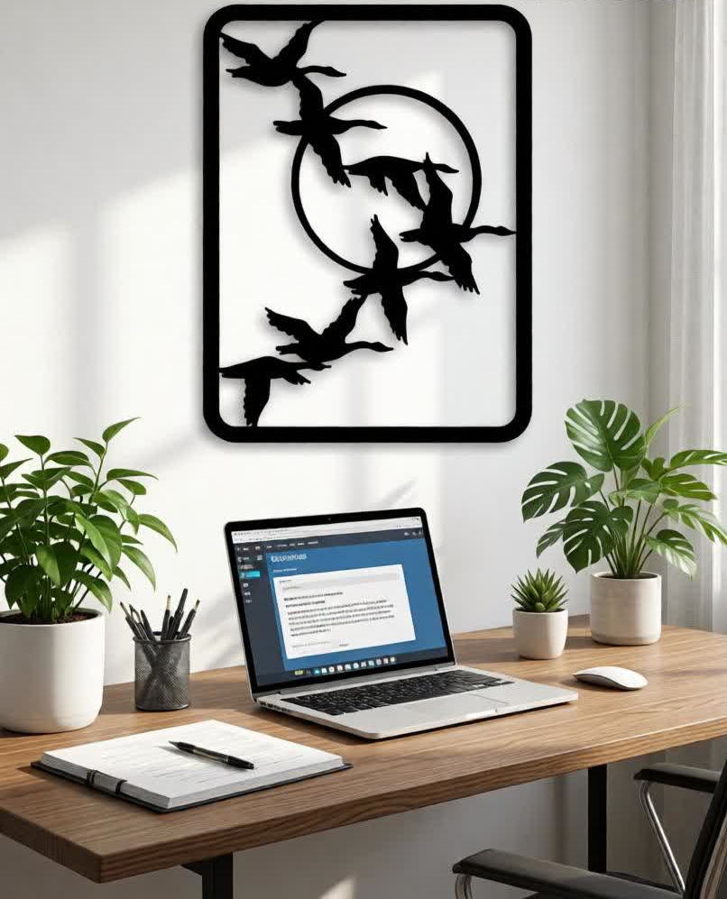 Add a sense of freedom, movement, and modern elegance to your interiors with the Flying Birds CNC Metal Wall Art. This beautifully minimal design features a graceful flock of birds in flight enclosed within a sleek geometric frame, symbolizing freedom, journey, and harmony with nature. Its clean lines and artistic balance make it a perfect statement piece for contemporary spaces. Crafted using advanced CNC laser cutting technology, each bird silhouette is precisely cut to capture natural motion and fine detailing. Made from high-quality metal and finished with a durable matte black powder coating, this wall art offers long-lasting durability while maintaining a refined, modern look. The open-frame structure allows light and shadow to interact with the wall, adding depth without overpowering the space. Whether placed in a living room, hallway, bedroom, or office, this artwork brings a calm and uplifting presence that enhances modern, minimalist, and nature-inspired interiors. Ideal for those who appreciate subtle yet meaningful décor, this CNC metal bird wall art blends simplicity with artistic expression, making it a timeless addition to any setting.