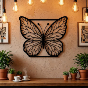 Elevate your interior décor with the elegant charm of the Butterfly Frame CNC Metal Wall Art. This stunning design features a beautifully detailed butterfly crafted in flowing metal lines, centered within a minimal square frame to create a balanced and eye-catching focal point. Inspired by nature and modern artistry, the butterfly symbolizes transformation, freedom, and beauty—making it a meaningful addition to any space. The open-frame concept allows the wall texture and lighting to interact naturally with the artwork, adding depth and visual interest. Precisely manufactured using advanced CNC laser cutting technology, each curve and wing detail is flawlessly executed for a refined, contemporary look. Crafted from high-quality metal and finished with a durable matte black powder coating, this wall art ensures long-lasting durability with a sophisticated finish. Perfect for cafés, restaurants, living rooms, creative studios, and modern interiors, this butterfly metal wall art blends effortlessly with warm lighting, wooden furniture, and minimalist décor themes.