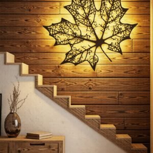 Add a warm, nature-inspired touch to your interiors with this Elegant Maple Leaf CNC BACKLIGHT WALL ART .Inspired by the beauty of nature, the intricate leaf vein detailing creates a stunning play of light and shadow, making it a perfect statement piece for modern, rustic, and contemporary spaces. Precision laser-cut from high-quality metal, this artwork delivers sharp detailing and a refined finish. Its minimalist black design blends effortlessly with wooden textures, neutral walls, and modern décor themes, enhancing stairways, living rooms, hallways, and feature walls.
