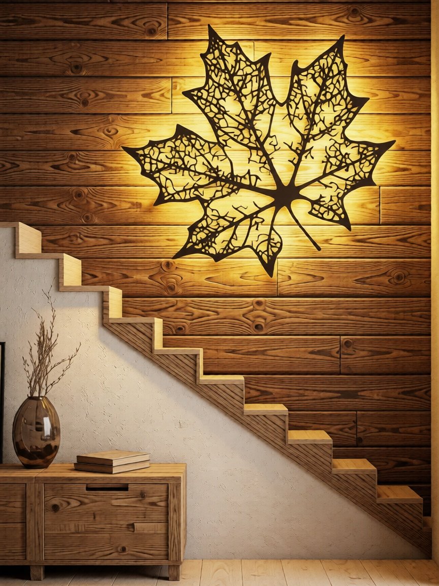 Add a warm, nature-inspired touch to your interiors with this Elegant Maple Leaf CNC BACKLIGHT WALL ART .Inspired by the beauty of nature, the intricate leaf vein detailing creates a stunning play of light and shadow, making it a perfect statement piece for modern, rustic, and contemporary spaces. Precision laser-cut from high-quality metal, this artwork delivers sharp detailing and a refined finish. Its minimalist black design blends effortlessly with wooden textures, neutral walls, and modern décor themes, enhancing stairways, living rooms, hallways, and feature walls.