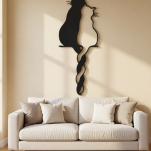 Celebrate love, harmony, and companionship with the Entwined Cats CNC Metal Wall Art. This elegant design features two minimalist cat silhouettes sitting close together, their tails gracefully intertwined—symbolizing affection, connection, and unity. The flowing lines create a soft yet striking visual that instantly adds warmth to any space. Designed with a perfect balance of modern minimalism and artistic emotion, this wall art becomes a beautiful focal point without overwhelming your décor. Its clean silhouette pairs effortlessly with boho, modern, contemporary, and cozy interior themes. Precision-crafted using advanced CNC laser cutting technology, every curve is smooth and finely detailed. Made from high-quality steel and finished with a durable matte black powder coating, this artwork offers long-lasting beauty, strength, and easy maintenance. A perfect choice for cat lovers and anyone who appreciates meaningful, artistic décor.