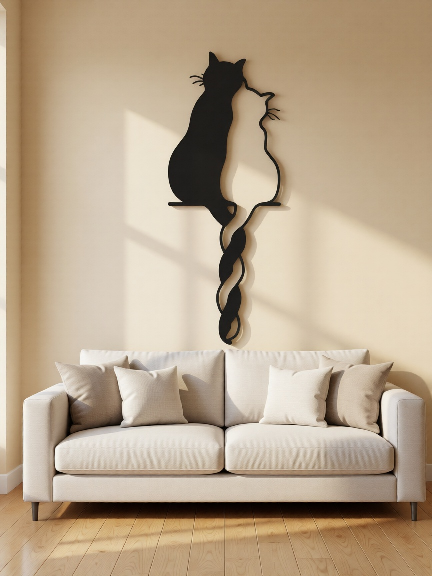 Celebrate love, harmony, and companionship with the Entwined Cats CNC Metal Wall Art. This elegant design features two minimalist cat silhouettes sitting close together, their tails gracefully intertwined—symbolizing affection, connection, and unity. The flowing lines create a soft yet striking visual that instantly adds warmth to any space. Designed with a perfect balance of modern minimalism and artistic emotion, this wall art becomes a beautiful focal point without overwhelming your décor. Its clean silhouette pairs effortlessly with boho, modern, contemporary, and cozy interior themes. Precision-crafted using advanced CNC laser cutting technology, every curve is smooth and finely detailed. Made from high-quality steel and finished with a durable matte black powder coating, this artwork offers long-lasting beauty, strength, and easy maintenance. A perfect choice for cat lovers and anyone who appreciates meaningful, artistic décor.