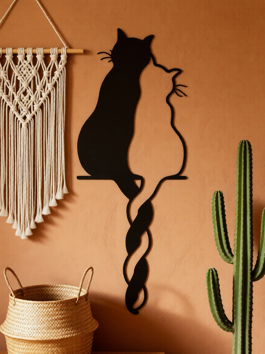 Celebrate love, harmony, and companionship with the Entwined Cats CNC Metal Wall Art. This elegant design features two minimalist cat silhouettes sitting close together, their tails gracefully intertwined—symbolizing affection, connection, and unity. The flowing lines create a soft yet striking visual that instantly adds warmth to any space. Designed with a perfect balance of modern minimalism and artistic emotion, this wall art becomes a beautiful focal point without overwhelming your décor. Its clean silhouette pairs effortlessly with boho, modern, contemporary, and cozy interior themes. Precision-crafted using advanced CNC laser cutting technology, every curve is smooth and finely detailed. Made from high-quality steel and finished with a durable matte black powder coating, this artwork offers long-lasting beauty, strength, and easy maintenance. A perfect choice for cat lovers and anyone who appreciates meaningful, artistic décor.