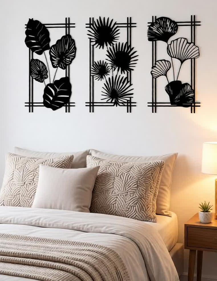 Enhance your interiors with this Modern Botanical CNC Metal Wall Art Set, featuring three beautifully designed panels inspired by tropical foliage. Each panel showcases unique leaf patterns framed in a clean geometric layout, creating a balanced and contemporary wall décor statement. Expertly crafted using precision CNC laser cutting technology, every detail is sharp and well-defined. The matte black powder-coated finish adds elegance and durability, making this set a perfect choice for modern homes, offices, lounges, and designer interiors.