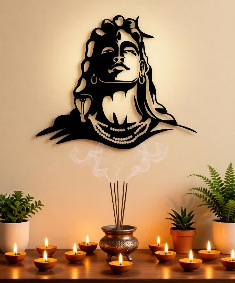 Bring spiritual depth and powerful artistic expression into your space with this Lord Shiva Metal Wall Art. Featuring a striking silhouette of Shiva’s serene face, adorned with symbolic elements such as flowing hair, crescent moon, and sacred ornaments, this artwork represents peace, strength, and divine consciousness. The bold yet minimalist design creates a calming presence while making a strong visual statement. Expertly crafted from high-quality metal, this wall art is precision cut to highlight fine facial details and smooth contours. The matte black powder-coated finish enhances its modern appeal while ensuring durability and long-lasting beauty with minimal maintenance. The clean silhouette design allows it to stand out beautifully against light-colored walls. Perfect for meditation rooms, living spaces, yoga studios, or spiritual corners, this artwork blends devotion with contemporary décor. It harmonizes effortlessly with modern, minimalist, and spiritual interior styles, adding both meaning and elegance to your environment. Designed for easy wall mounting, this piece transforms empty walls into a focal point of calm and inspiration. Whether placed in a personal prayer area or as a statement décor piece, it brings balance, serenity, and artistic sophistication to any space.