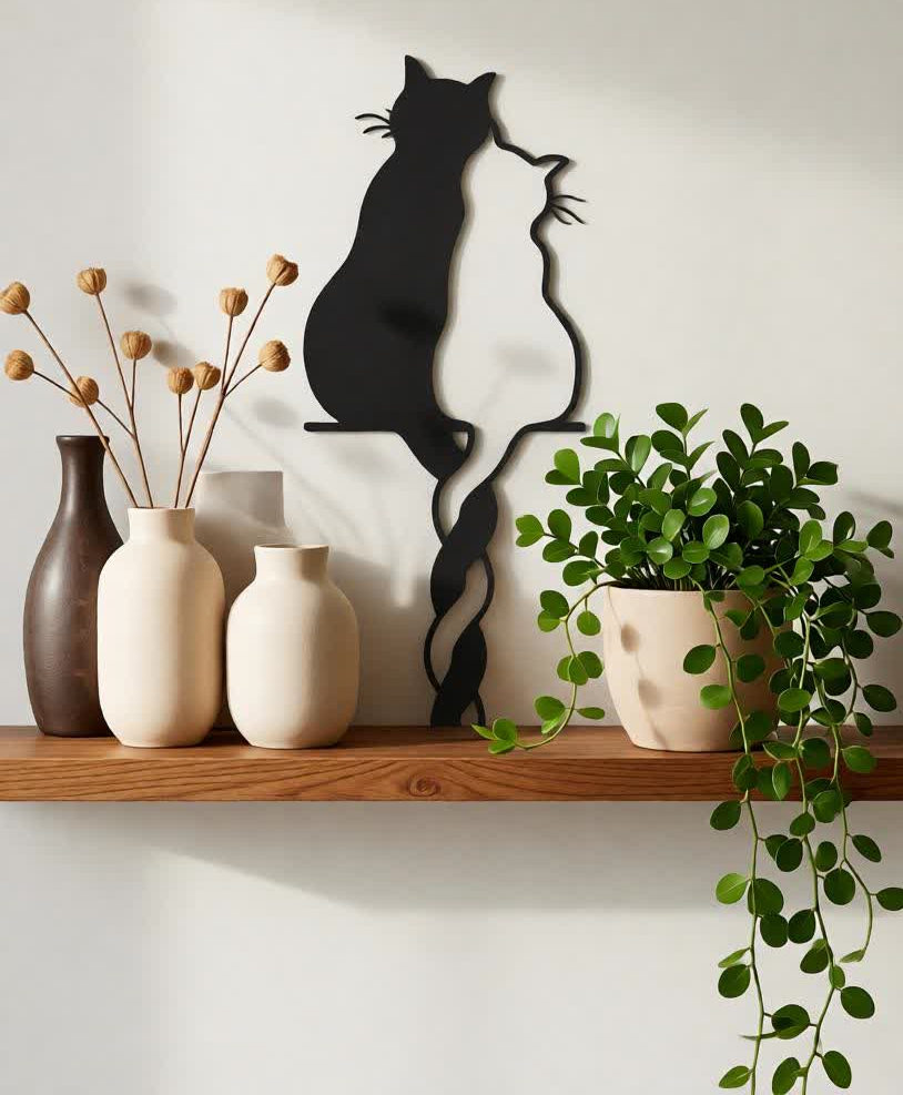 Celebrate love, harmony, and companionship with the Entwined Cats CNC Metal Wall Art. This elegant design features two minimalist cat silhouettes sitting close together, their tails gracefully intertwined—symbolizing affection, connection, and unity. The flowing lines create a soft yet striking visual that instantly adds warmth to any space. Designed with a perfect balance of modern minimalism and artistic emotion, this wall art becomes a beautiful focal point without overwhelming your décor. Its clean silhouette pairs effortlessly with boho, modern, contemporary, and cozy interior themes. Precision-crafted using advanced CNC laser cutting technology, every curve is smooth and finely detailed. Made from high-quality steel and finished with a durable matte black powder coating, this artwork offers long-lasting beauty, strength, and easy maintenance. A perfect choice for cat lovers and anyone who appreciates meaningful, artistic décor.