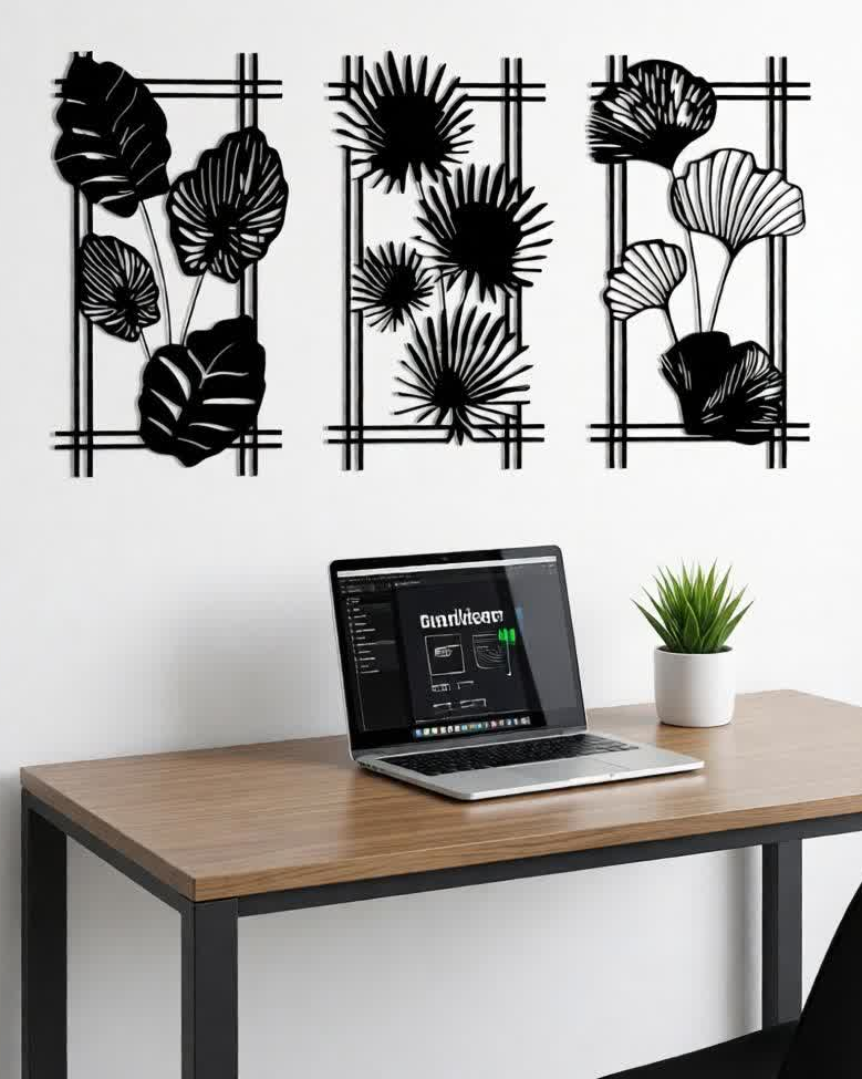 Enhance your interiors with this Modern Botanical CNC Metal Wall Art Set, featuring three beautifully designed panels inspired by tropical foliage. Each panel showcases unique leaf patterns framed in a clean geometric layout, creating a balanced and contemporary wall décor statement. Expertly crafted using precision CNC laser cutting technology, every detail is sharp and well-defined. The matte black powder-coated finish adds elegance and durability, making this set a perfect choice for modern homes, offices, lounges, and designer interiors.