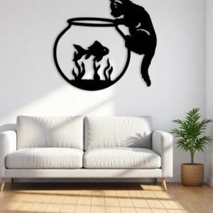 Add a touch of playful charm to your walls with the Curious Cat & Fish Bowl CNC Metal Wall Art. This delightful design captures a mischievous cat leaning over a fish bowl, curiously watching the fish swim inside—perfectly blending humor, creativity, and modern artistry. The bold silhouette and smooth flowing lines create a striking contrast that instantly draws attention. Whether displayed above an aquarium, in a living room, or a pet-friendly space, this artwork brings personality and warmth to any interior. Expertly crafted using precision CNC laser cutting, every detail is clean and sharp. Made from premium-grade metal and finished with a durable matte black powder coating, this wall art is built to last while maintaining its elegant, modern look. An ideal décor piece for cat lovers, aquarium enthusiasts, and anyone who enjoys fun, expressive home décor.