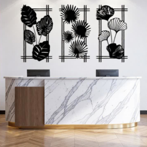 Enhance your interiors with this Modern Botanical CNC Metal Wall Art Set, featuring three beautifully designed panels inspired by tropical foliage. Each panel showcases unique leaf patterns framed in a clean geometric layout, creating a balanced and contemporary wall décor statement. Expertly crafted using precision CNC laser cutting technology, every detail is sharp and well-defined. The matte black powder-coated finish adds elegance and durability, making this set a perfect choice for modern homes, offices, lounges, and designer interiors.