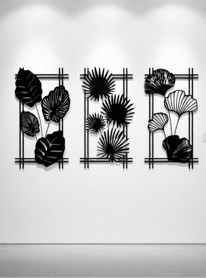Enhance your interiors with this Modern Botanical CNC Metal Wall Art Set, featuring three beautifully designed panels inspired by tropical foliage. Each panel showcases unique leaf patterns framed in a clean geometric layout, creating a balanced and contemporary wall décor statement. Expertly crafted using precision CNC laser cutting technology, every detail is sharp and well-defined. The matte black powder-coated finish adds elegance and durability, making this set a perfect choice for modern homes, offices, lounges, and designer interiors.