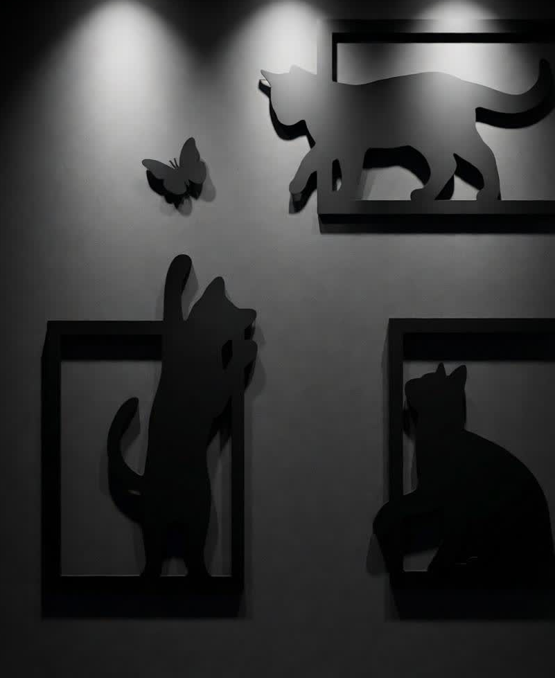Add charm, playfulness, and modern elegance to your space with the Playful Cat Frames CNC Metal Wall Art Set. This delightful design features three minimalist cat silhouettes captured in different playful poses, framed in sleek geometric outlines, with a tiny butterfly adding a touch of whimsy and motion. Crafted to celebrate the curiosity and grace of cats, this wall art set brings warmth and personality to any interior. The balanced composition makes it ideal as a statement wall feature while maintaining a clean, modern aesthetic. Precision-cut using advanced CNC laser cutting technology, each piece showcases smooth edges and crisp detailing. Finished with a durable matte black powder coating, the metal artwork is long-lasting, rust-resistant, and easy to maintain. Perfect for pet lovers and modern décor enthusiasts, this set blends artistic expression with contemporary style.