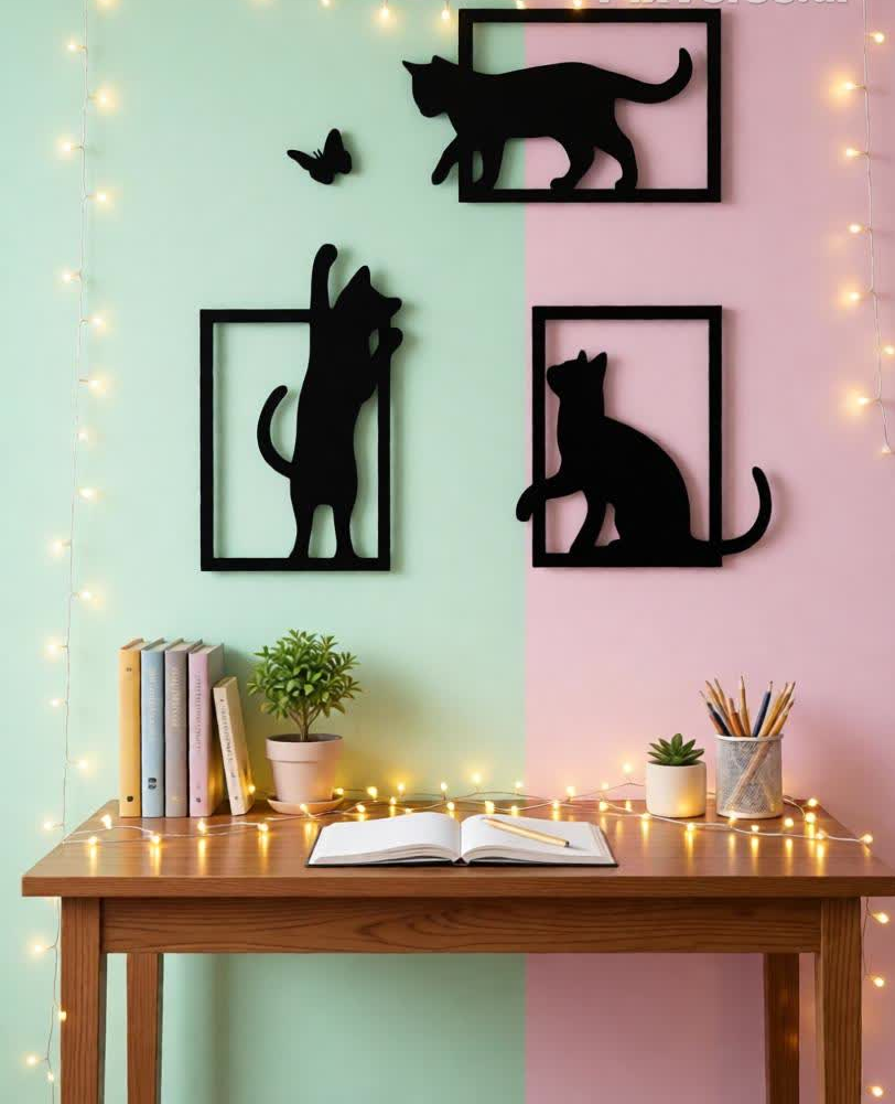 Add charm, playfulness, and modern elegance to your space with the Playful Cat Frames CNC Metal Wall Art Set. This delightful design features three minimalist cat silhouettes captured in different playful poses, framed in sleek geometric outlines, with a tiny butterfly adding a touch of whimsy and motion. Crafted to celebrate the curiosity and grace of cats, this wall art set brings warmth and personality to any interior. The balanced composition makes it ideal as a statement wall feature while maintaining a clean, modern aesthetic. Precision-cut using advanced CNC laser cutting technology, each piece showcases smooth edges and crisp detailing. Finished with a durable matte black powder coating, the metal artwork is long-lasting, rust-resistant, and easy to maintain. Perfect for pet lovers and modern décor enthusiasts, this set blends artistic expression with contemporary style.
