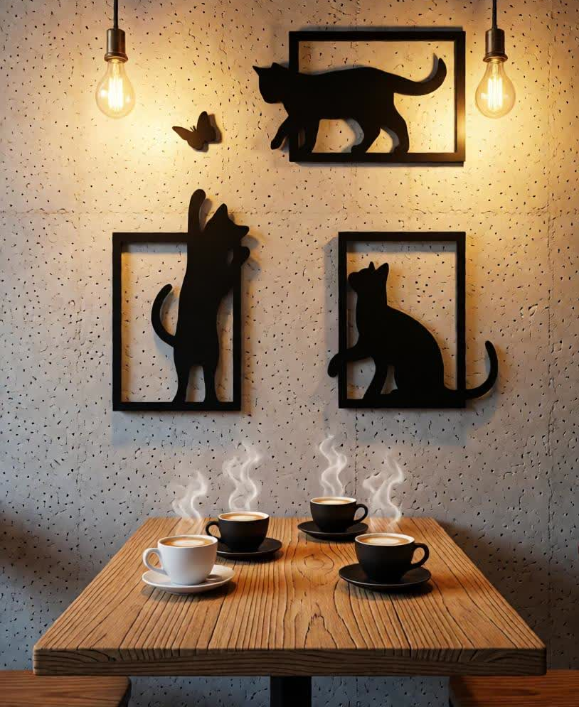 Add charm, playfulness, and modern elegance to your space with the Playful Cat Frames CNC Metal Wall Art Set. This delightful design features three minimalist cat silhouettes captured in different playful poses, framed in sleek geometric outlines, with a tiny butterfly adding a touch of whimsy and motion. Crafted to celebrate the curiosity and grace of cats, this wall art set brings warmth and personality to any interior. The balanced composition makes it ideal as a statement wall feature while maintaining a clean, modern aesthetic. Precision-cut using advanced CNC laser cutting technology, each piece showcases smooth edges and crisp detailing. Finished with a durable matte black powder coating, the metal artwork is long-lasting, rust-resistant, and easy to maintain. Perfect for pet lovers and modern décor enthusiasts, this set blends artistic expression with contemporary style.