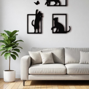 Add charm, playfulness, and modern elegance to your space with the Playful Cat Frames CNC Metal Wall Art Set. This delightful design features three minimalist cat silhouettes captured in different playful poses, framed in sleek geometric outlines, with a tiny butterfly adding a touch of whimsy and motion. Crafted to celebrate the curiosity and grace of cats, this wall art set brings warmth and personality to any interior. The balanced composition makes it ideal as a statement wall feature while maintaining a clean, modern aesthetic. Precision-cut using advanced CNC laser cutting technology, each piece showcases smooth edges and crisp detailing. Finished with a durable matte black powder coating, the metal artwork is long-lasting, rust-resistant, and easy to maintain. Perfect for pet lovers and modern décor enthusiasts, this set blends artistic expression with contemporary style.