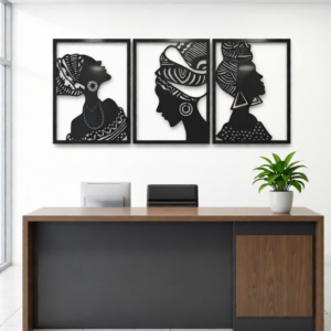 Add a refined and culturally inspired statement to your space with this Modern African Silhouette Wall Art Set. Designed to celebrate elegance, identity, and contemporary artistry, this 3-piece framed artwork features striking black profile silhouettes of African women, highlighted with intricate headwrap and jewelry patterns that create depth and visual interest. Crafted with a clean, minimalist aesthetic, each piece balances bold contrast with graceful detail, making it ideal for modern interiors. The monochrome design allows the artwork to complement a wide range of color palettes while still standing out as a focal point. Whether displayed together as a cohesive gallery set or arranged separately, this wall art instantly elevates the atmosphere of any room. Perfect for offices, reception areas, living rooms, salons, studios, and professional environments, this artwork brings sophistication and warmth while reflecting artistic expression and cultural inspiration. The framed design ensures a polished look and makes installation quick and hassle-free, offering an effortless décor upgrade. This wall art set blends modern design with timeless appeal, making it suitable for both residential and commercial spaces. It is an excellent choice for those seeking décor that is elegant, meaningful, and visually impactful.