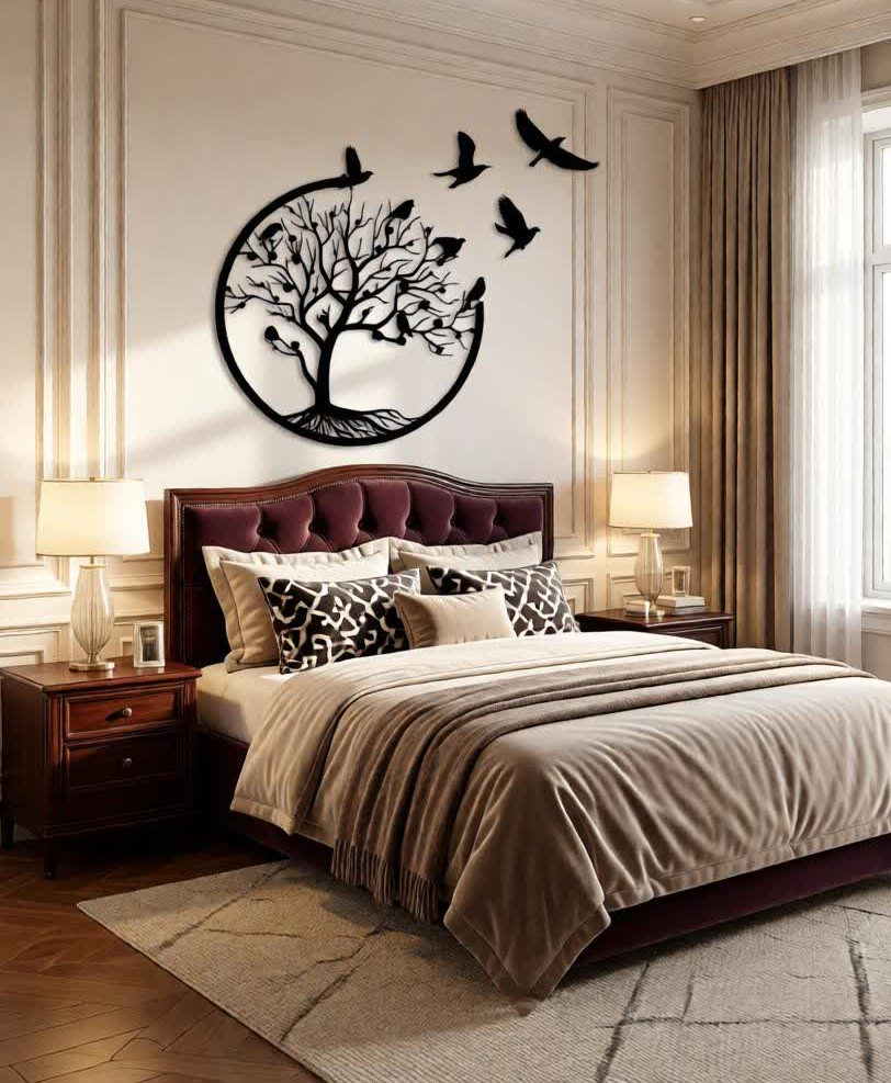 Create a serene and elegant focal point in your space with this Tree of Life with Flying Birds Metal Wall Art. Designed to symbolize growth, harmony, and freedom, this stunning artwork features a beautifully detailed tree enclosed within a circular frame, with birds gracefully flying outward to add movement and visual flow. The balanced composition brings a sense of calm and sophistication to any interior. Crafted from high-quality metal, this wall art is precision cut to capture fine branch details and smooth silhouettes. The matte black powder-coated finish enhances its modern appeal while ensuring durability and long-lasting beauty with minimal maintenance. The contrast between the bold metal design and light-colored walls creates a striking yet soothing visual impact. Perfect for bedrooms, living rooms, lounges, and feature walls, this artwork blends effortlessly with modern, luxury, and contemporary décor styles. Positioned above a bed, sofa, or console table, it transforms empty wall space into an expressive and meaningful design statement. The circular form represents unity and balance, while the birds in flight evoke a sense of freedom and tranquility. Designed for easy wall mounting, this piece offers a clean, floating appearance that enhances the overall ambiance of the room without overpowering it. Whether used in a residential or upscale interior setting, it adds depth, warmth, and artistic charm to your décor.