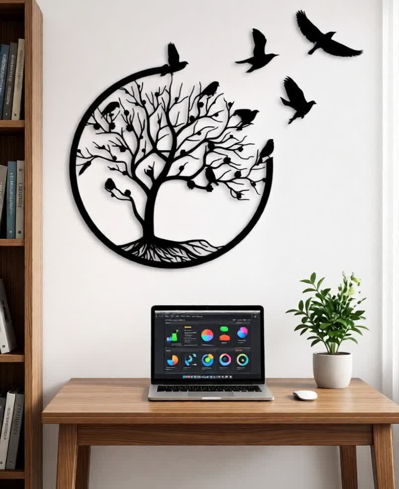 Create a serene and elegant focal point in your space with this Tree of Life with Flying Birds Metal Wall Art. Designed to symbolize growth, harmony, and freedom, this stunning artwork features a beautifully detailed tree enclosed within a circular frame, with birds gracefully flying outward to add movement and visual flow. The balanced composition brings a sense of calm and sophistication to any interior. Crafted from high-quality metal, this wall art is precision cut to capture fine branch details and smooth silhouettes. The matte black powder-coated finish enhances its modern appeal while ensuring durability and long-lasting beauty with minimal maintenance. The contrast between the bold metal design and light-colored walls creates a striking yet soothing visual impact. Perfect for bedrooms, living rooms, lounges, and feature walls, this artwork blends effortlessly with modern, luxury, and contemporary décor styles. Positioned above a bed, sofa, or console table, it transforms empty wall space into an expressive and meaningful design statement. The circular form represents unity and balance, while the birds in flight evoke a sense of freedom and tranquility. Designed for easy wall mounting, this piece offers a clean, floating appearance that enhances the overall ambiance of the room without overpowering it. Whether used in a residential or upscale interior setting, it adds depth, warmth, and artistic charm to your décor.