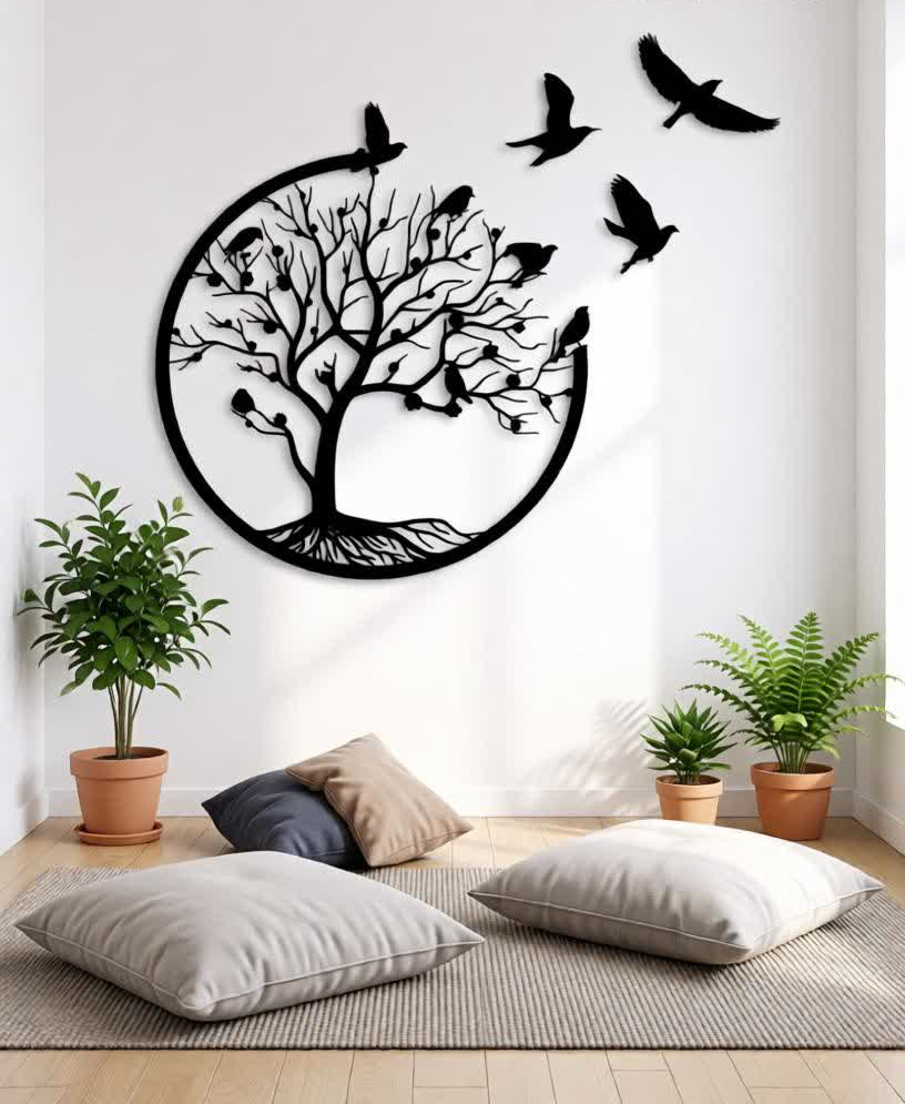 Create a serene and elegant focal point in your space with this Tree of Life with Flying Birds Metal Wall Art. Designed to symbolize growth, harmony, and freedom, this stunning artwork features a beautifully detailed tree enclosed within a circular frame, with birds gracefully flying outward to add movement and visual flow. The balanced composition brings a sense of calm and sophistication to any interior. Crafted from high-quality metal, this wall art is precision cut to capture fine branch details and smooth silhouettes. The matte black powder-coated finish enhances its modern appeal while ensuring durability and long-lasting beauty with minimal maintenance. The contrast between the bold metal design and light-colored walls creates a striking yet soothing visual impact. Perfect for bedrooms, living rooms, lounges, and feature walls, this artwork blends effortlessly with modern, luxury, and contemporary décor styles. Positioned above a bed, sofa, or console table, it transforms empty wall space into an expressive and meaningful design statement. The circular form represents unity and balance, while the birds in flight evoke a sense of freedom and tranquility. Designed for easy wall mounting, this piece offers a clean, floating appearance that enhances the overall ambiance of the room without overpowering it. Whether used in a residential or upscale interior setting, it adds depth, warmth, and artistic charm to your décor.