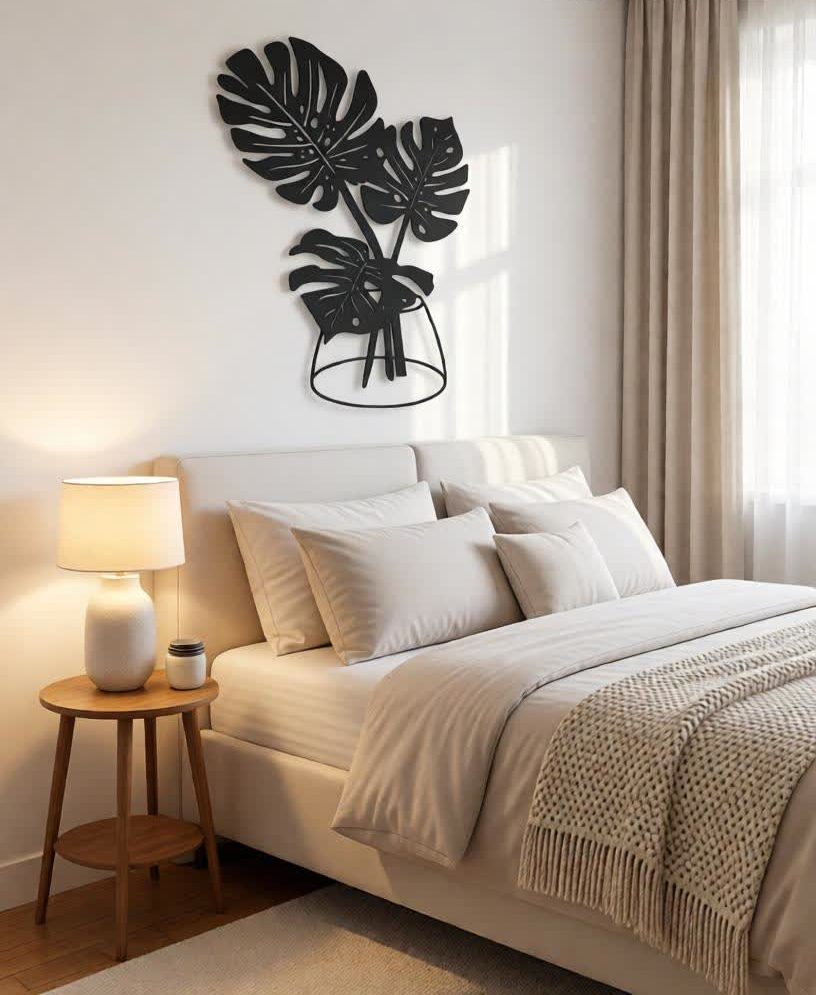 Bring a modern botanical vibe to your space with this Elegant Monstera Leaf CNC Metal Wall Art. Designed with beautifully detailed tropical leaves arranged in a stylish vase silhouette, this wall décor adds a fresh, artistic touch to contemporary and minimalist interiors. Crafted using precision laser cutting, the clean lines and intricate cut-outs create depth and visual interest. The matte black finish complements light-colored walls perfectly, making it an ideal décor piece for living rooms, hallways, dining areas, bedrooms, offices, and cafés.