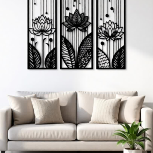 Enhance your space with calm, balance, and modern elegance through this Lotus CNC Metal Wall Art – 3 Panel Set. Inspired by the symbolic beauty of the lotus flower, this design represents peace, growth, and positivity, making it perfect for homes, offices, meditation rooms, and studios. Expertly crafted using precision laser cutting, each panel features intricate lotus and nature-inspired patterns that create a stunning visual flow when displayed together. The minimalist black finish adds a bold yet soothing presence, complementing modern, contemporary, and spiritual interiors.