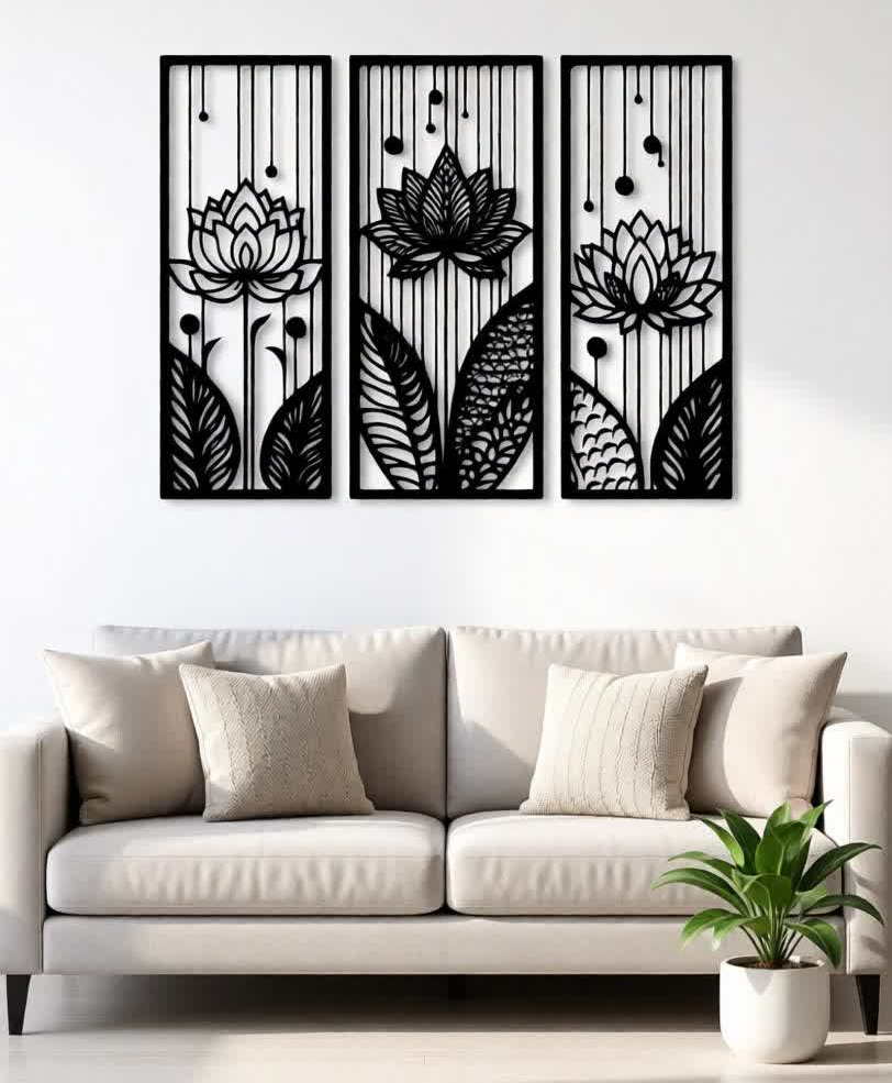 Enhance your space with calm, balance, and modern elegance through this Lotus CNC Metal Wall Art – 3 Panel Set. Inspired by the symbolic beauty of the lotus flower, this design represents peace, growth, and positivity, making it perfect for homes, offices, meditation rooms, and studios. Expertly crafted using precision laser cutting, each panel features intricate lotus and nature-inspired patterns that create a stunning visual flow when displayed together. The minimalist black finish adds a bold yet soothing presence, complementing modern, contemporary, and spiritual interiors.