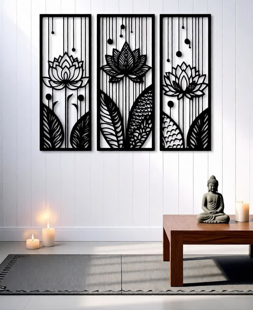 Enhance your space with calm, balance, and modern elegance through this Lotus CNC Metal Wall Art – 3 Panel Set. Inspired by the symbolic beauty of the lotus flower, this design represents peace, growth, and positivity, making it perfect for homes, offices, meditation rooms, and studios. Expertly crafted using precision laser cutting, each panel features intricate lotus and nature-inspired patterns that create a stunning visual flow when displayed together. The minimalist black finish adds a bold yet soothing presence, complementing modern, contemporary, and spiritual interiors.