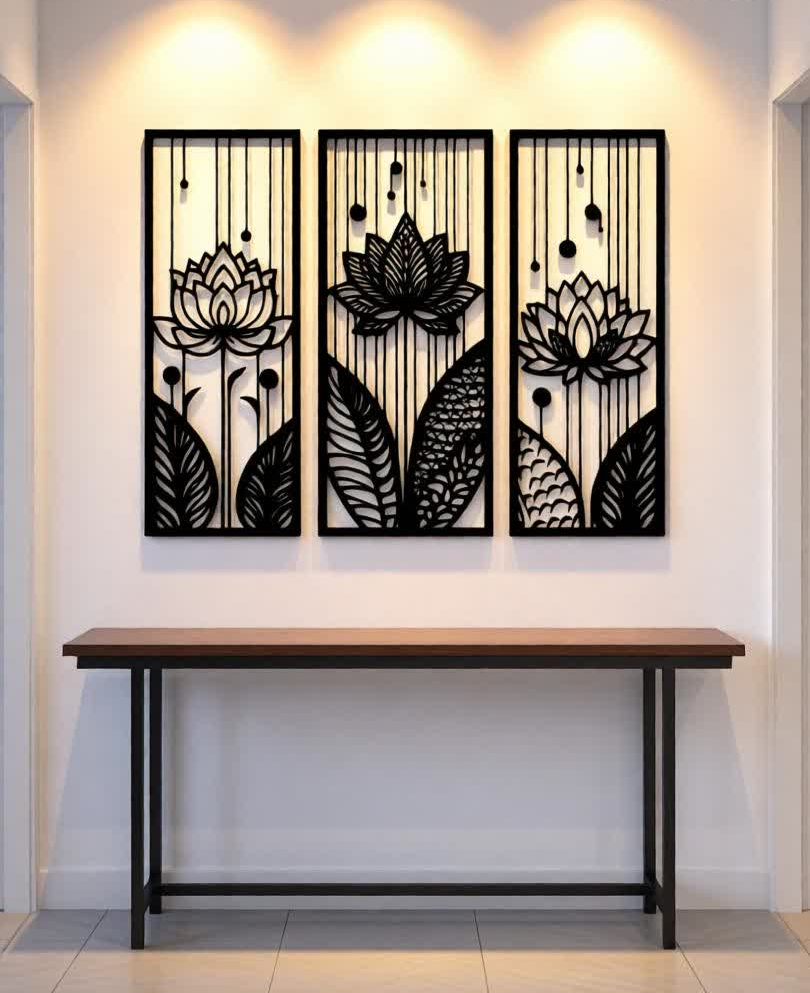 Enhance your space with calm, balance, and modern elegance through this Lotus CNC Metal Wall Art – 3 Panel Set. Inspired by the symbolic beauty of the lotus flower, this design represents peace, growth, and positivity, making it perfect for homes, offices, meditation rooms, and studios. Expertly crafted using precision laser cutting, each panel features intricate lotus and nature-inspired patterns that create a stunning visual flow when displayed together. The minimalist black finish adds a bold yet soothing presence, complementing modern, contemporary, and spiritual interiors.