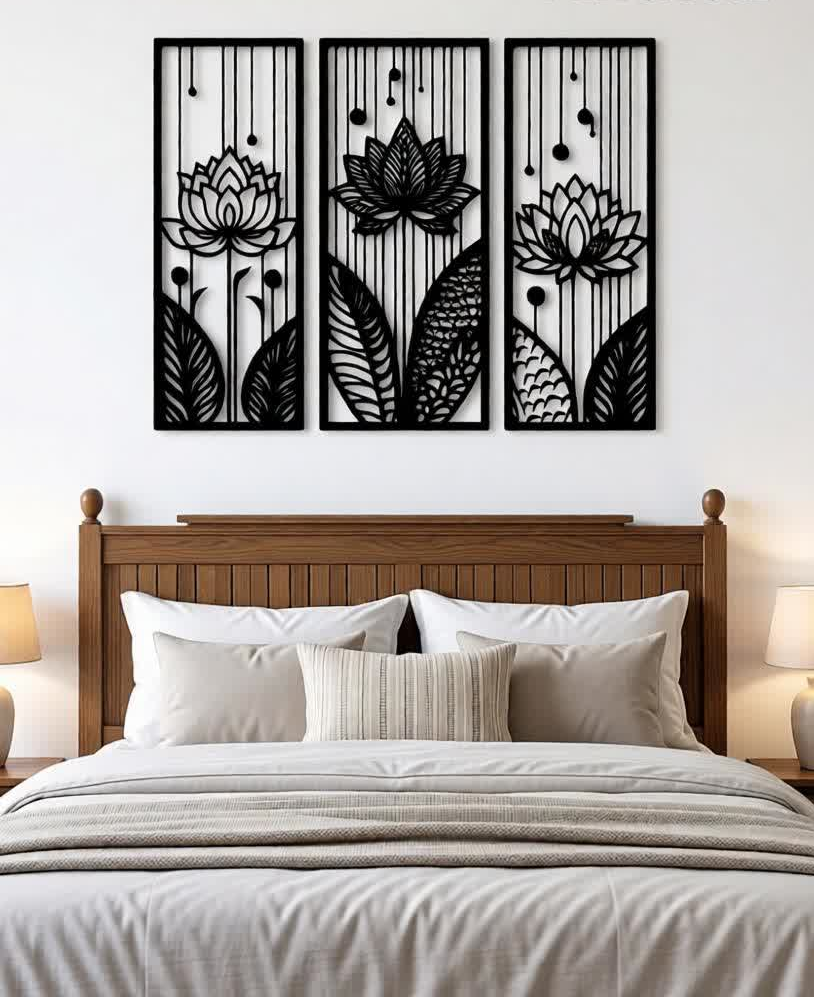 Enhance your space with calm, balance, and modern elegance through this Lotus CNC Metal Wall Art – 3 Panel Set. Inspired by the symbolic beauty of the lotus flower, this design represents peace, growth, and positivity, making it perfect for homes, offices, meditation rooms, and studios. Expertly crafted using precision laser cutting, each panel features intricate lotus and nature-inspired patterns that create a stunning visual flow when displayed together. The minimalist black finish adds a bold yet soothing presence, complementing modern, contemporary, and spiritual interiors.