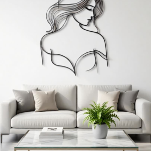 Enhance your interior with soft elegance and artistic charm through the Graceful Woman Line Art CNC Metal Wall Décor. This minimalist design features a serene female silhouette with flowing hair and gentle contours, beautifully capturing femininity, calmness, and timeless beauty. The clean line-art style creates a light, airy visual that blends seamlessly with modern, Scandinavian, and luxury interiors. Its subtle yet expressive form makes it a perfect statement piece without overwhelming the space. Expertly crafted using advanced CNC laser cutting technology, each curve is precisely defined for a smooth, refined finish. Made from high-quality metal and coated with a durable matte black powder finish, this wall art offers long-lasting durability, rust resistance, and effortless maintenance. Ideal for those who appreciate modern art with a graceful, emotional touch.