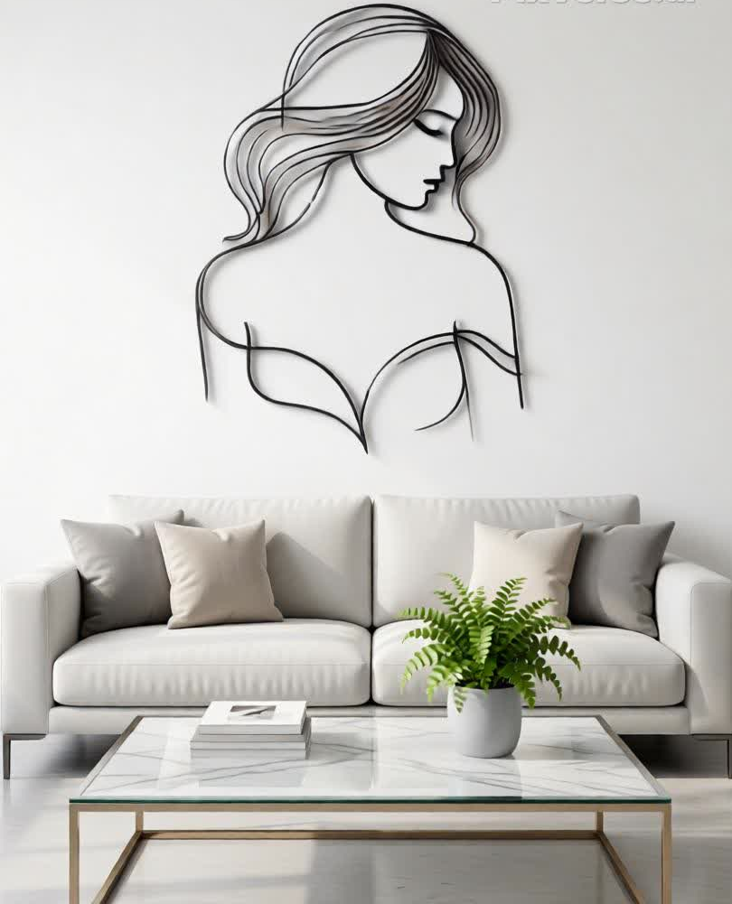 Enhance your interior with soft elegance and artistic charm through the Graceful Woman Line Art CNC Metal Wall Décor. This minimalist design features a serene female silhouette with flowing hair and gentle contours, beautifully capturing femininity, calmness, and timeless beauty. The clean line-art style creates a light, airy visual that blends seamlessly with modern, Scandinavian, and luxury interiors. Its subtle yet expressive form makes it a perfect statement piece without overwhelming the space. Expertly crafted using advanced CNC laser cutting technology, each curve is precisely defined for a smooth, refined finish. Made from high-quality metal and coated with a durable matte black powder finish, this wall art offers long-lasting durability, rust resistance, and effortless maintenance. Ideal for those who appreciate modern art with a graceful, emotional touch.