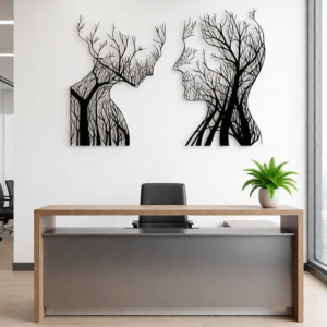 Make a powerful artistic statement with the Abstract Human Faces Tree CNC Metal Wall Art. This thought-provoking design features two human profiles formed entirely from branching tree silhouettes, symbolizing connection, balance, nature, and the harmony between mind and soul. The intricate tree branches create a dramatic visual effect, blending organic elements with modern minimalism. The negative space between the two faces adds depth and meaning, making this wall art a striking focal point in any contemporary setting. Precision-crafted using advanced CNC laser cutting technology, every branch and contour is sharply defined. Made from high-quality metal and finished with a durable matte black powder coating, this artwork offers long-lasting durability, corrosion resistance, and effortless elegance. Ideal for offices, reception areas, living rooms, studios, and luxury interiors, this design brings sophistication, symbolism, and artistic depth to your space.