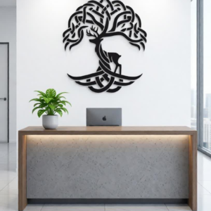 Bring nature-inspired elegance to your interiors with this Celtic Tree & Deer CNC Metal Wall Art. Symbolizing strength, growth, and harmony with nature, the intricate tree design seamlessly blends with the graceful deer silhouette, creating a powerful yet calming visual statement. Crafted using advanced CNC laser cutting technology, this wall art features precise detailing and smooth edges for a refined, modern look. Made from high-quality metal and finished in classic matte black, it offers durability, style, and timeless appeal. Ideal for offices, reception areas, living rooms, lounges, and luxury interiors, this artwork adds depth and character while complementing contemporary and minimalist décor themes.