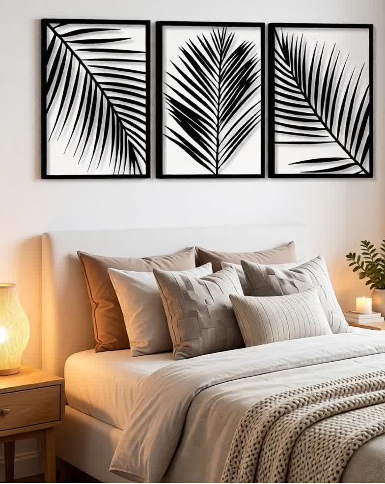 Bring a calm, tropical vibe to your space with this Modern Palm Leaf CNC Metal Wall Art Set. Designed as a set of three elegant panels, each artwork features a unique palm leaf pattern that creates a clean, minimal, and nature-inspired look. Perfect for modern, Scandinavian, and contemporary interiors, this wall décor instantly elevates any living space. Crafted using precision laser cutting technology, the fine leaf details stand out beautifully against the wall. The matte black powder-coated finish adds sophistication while ensuring long-lasting durability.