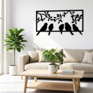 Bring warmth, serenity, and natural charm to your space with this Birds on Branch Metal Wall Art. Featuring a graceful arrangement of birds perched along leafy branches, this elegant design captures a peaceful moment from nature while adding a refined artistic touch to your walls. The open-frame layout enhances visual balance and creates a light, airy feel that blends beautifully with modern interiors. Crafted from high-quality metal and precision cut for clean lines and smooth edges, this wall art showcases excellent craftsmanship and durability. The matte black finish adds a contemporary contrast while ensuring long-lasting performance with minimal maintenance. Its minimalist silhouette design allows it to stand out without overpowering the room, making it a timeless décor choice. Perfect for bedrooms, living rooms, hallways, or cozy reading corners, this artwork creates a calming and welcoming atmosphere. It pairs effortlessly with modern, Scandinavian, farmhouse, and minimalist décor styles, adding character and elegance to both residential and commercial spaces. Designed for easy wall mounting, this piece offers a simple way to transform blank walls into soothing focal points. Whether placed above a bed, sofa, or console table, it adds depth, personality, and a sense of harmony inspired by nature.