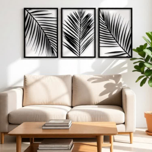 Bring a calm, tropical vibe to your space with this Modern Palm Leaf CNC Metal Wall Art Set. Designed as a set of three elegant panels, each artwork features a unique palm leaf pattern that creates a clean, minimal, and nature-inspired look. Perfect for modern, Scandinavian, and contemporary interiors, this wall décor instantly elevates any living space. Crafted using precision laser cutting technology, the fine leaf details stand out beautifully against the wall. The matte black powder-coated finish adds sophistication while ensuring long-lasting durability.
