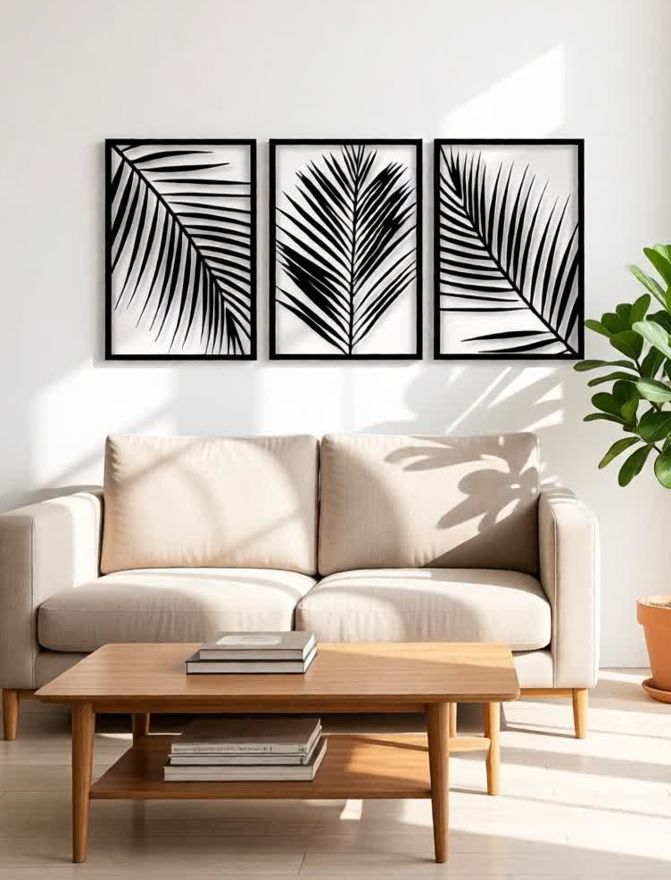 Bring a calm, tropical vibe to your space with this Modern Palm Leaf CNC Metal Wall Art Set. Designed as a set of three elegant panels, each artwork features a unique palm leaf pattern that creates a clean, minimal, and nature-inspired look. Perfect for modern, Scandinavian, and contemporary interiors, this wall décor instantly elevates any living space. Crafted using precision laser cutting technology, the fine leaf details stand out beautifully against the wall. The matte black powder-coated finish adds sophistication while ensuring long-lasting durability.