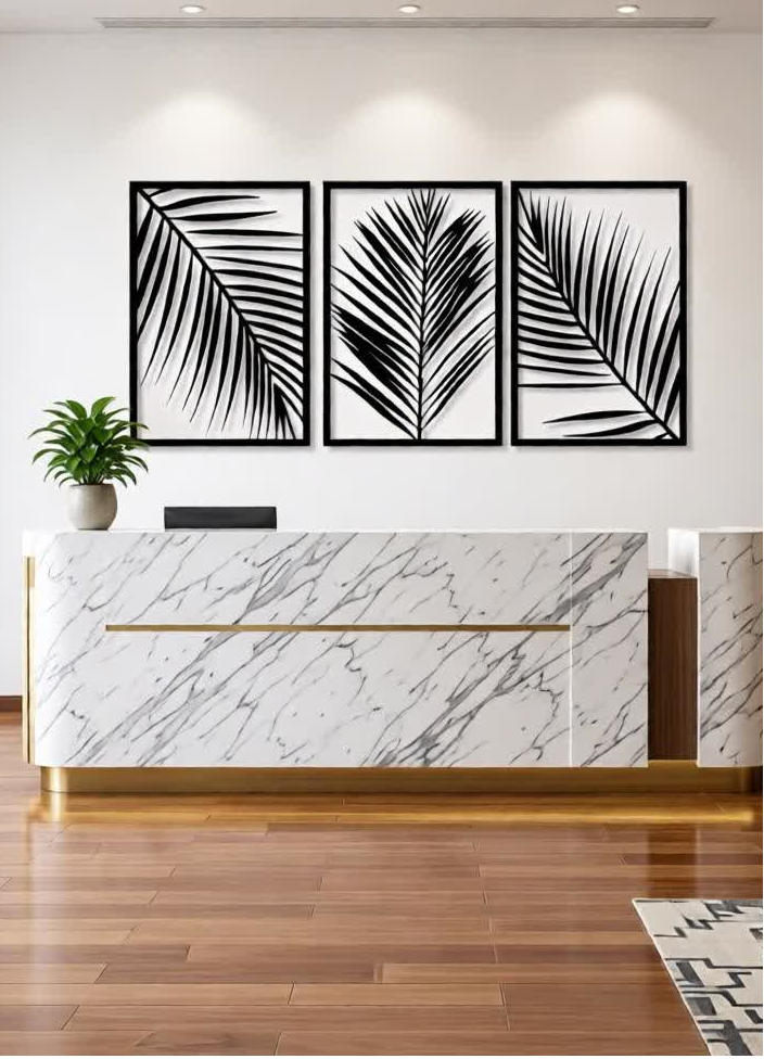 Bring a calm, tropical vibe to your space with this Modern Palm Leaf CNC Metal Wall Art Set. Designed as a set of three elegant panels, each artwork features a unique palm leaf pattern that creates a clean, minimal, and nature-inspired look. Perfect for modern, Scandinavian, and contemporary interiors, this wall décor instantly elevates any living space. Crafted using precision laser cutting technology, the fine leaf details stand out beautifully against the wall. The matte black powder-coated finish adds sophistication while ensuring long-lasting durability.